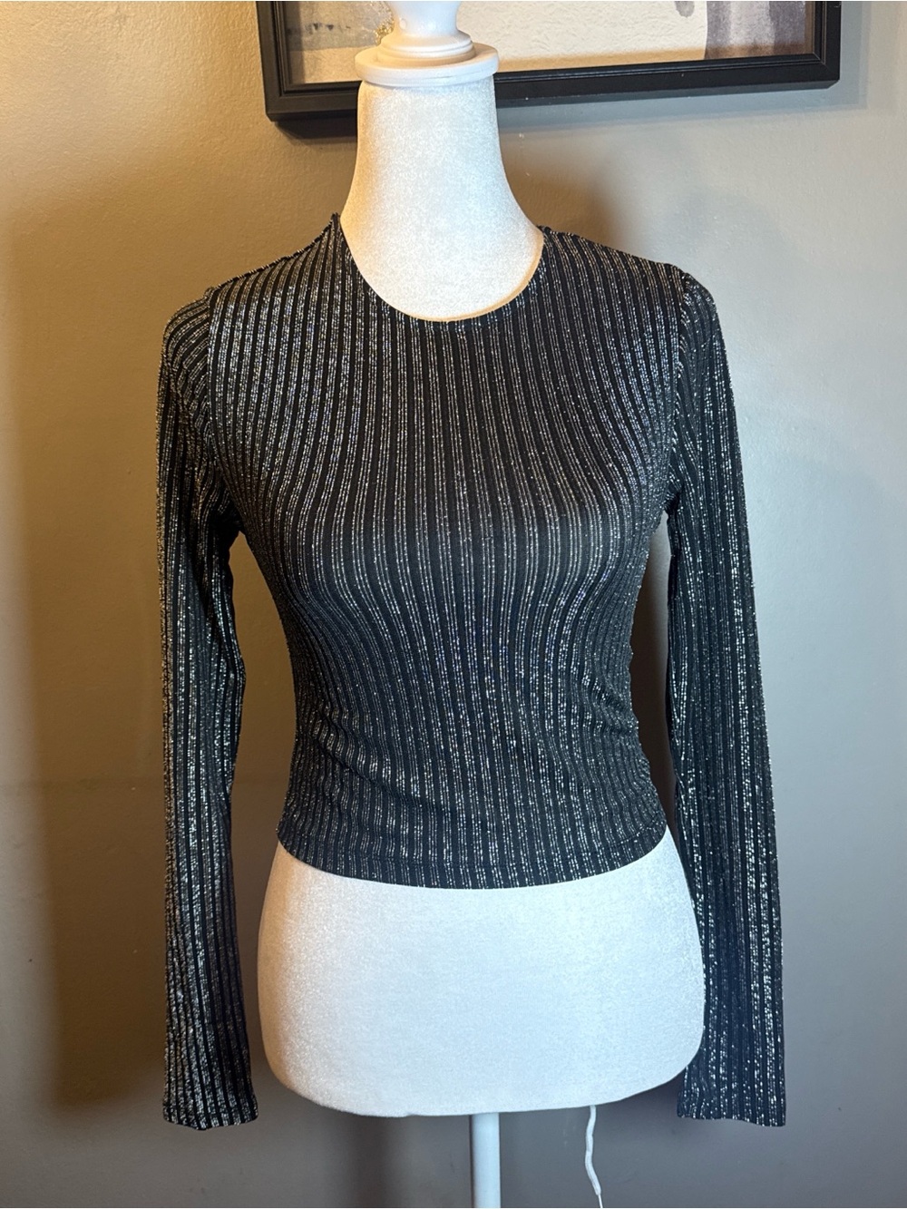 Forever 21 Black Metallic Ribbed Long Sleeve Top